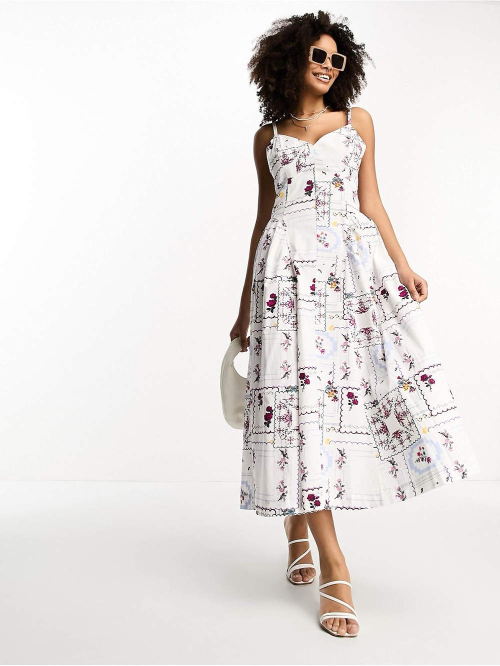 Women’s White Floral Patchwork Midi Dress